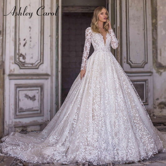 Abiti da sposa eleganti per le donne 2023 manica lunga in rilievo Appliques scollo a V abito da sposa principessa Abiti da sposa - Bridetobe.it