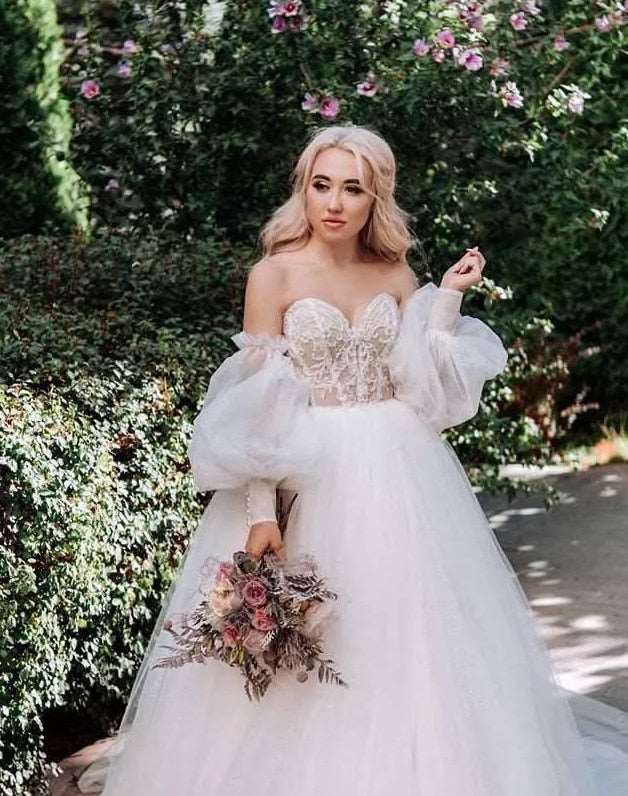 Abito da sposa boho 2023 rosa sporco con maniche a sbuffo staccabili e pizzo scintillante - Bridetobe.it