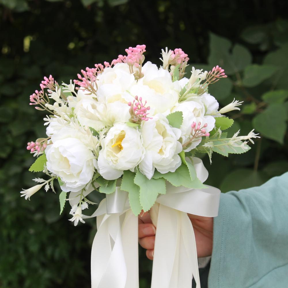 Bouquet da sposa in seta artificiale Champagne con 18 peonie e nastro di raso - Bridetobe.it