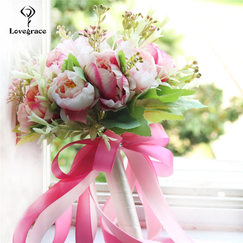 Bouquet da sposa in seta artificiale Champagne con 18 peonie e nastro di raso - Bridetobe.it