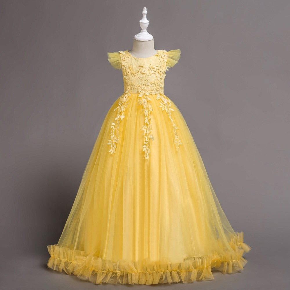 Vestito da Principessa Per Bambini Lungo in Tulle e Pizzo per Matrimoni, Feste e Cerimonie - Età 4-15 Anni - Bridetobe.it