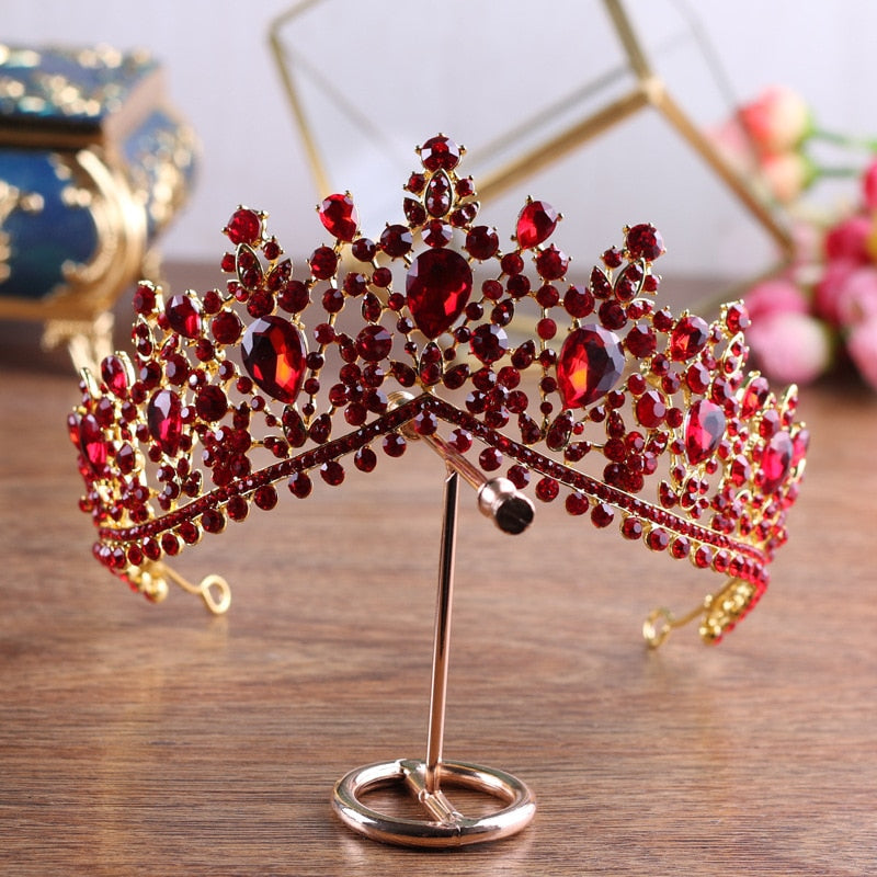Corona Diadema Con Strass Rosso E Cristalli - Copricapo Per Matrimoni, Feste E Spose - Foto 9