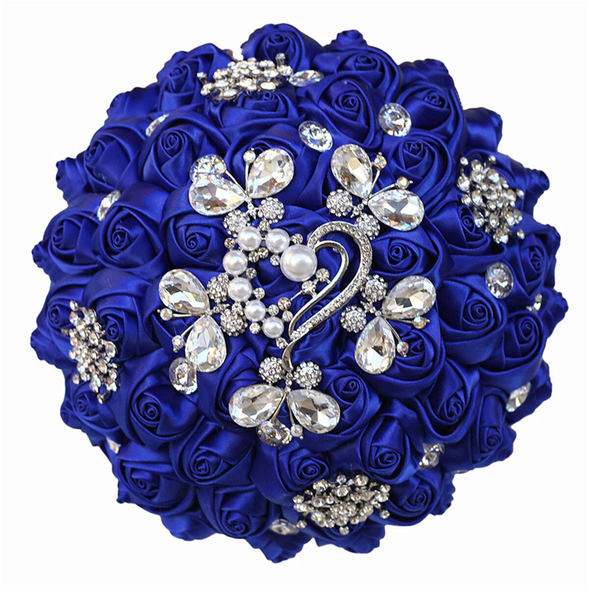 Bouquet sposa damigella fatto a mano con strass splendidi, pietre preziose, perle di diamante e rose di raso blu reale - Bridetobe.it