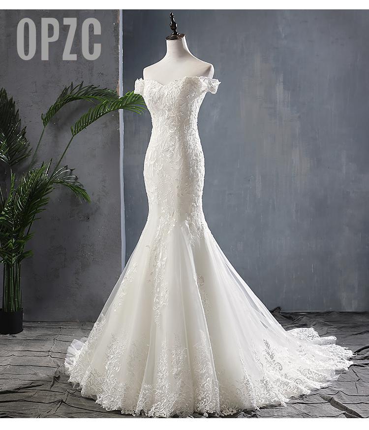 Vestito da Sposa Scollo Barchetta con Spalle Scoperte 2023 - Vestito da Sposa con Coda a Sirena, Applicazioni di Lusso