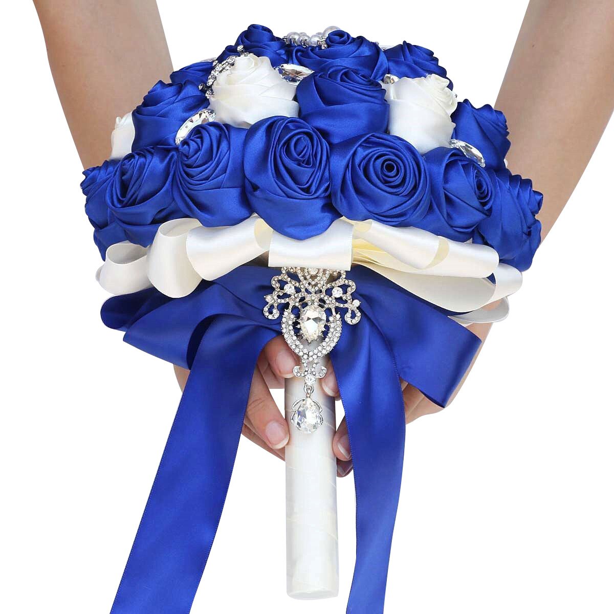 Bouquet sposa damigella fatto a mano con strass splendidi, pietre preziose, perle di diamante e rose di raso blu reale - Bridetobe.it