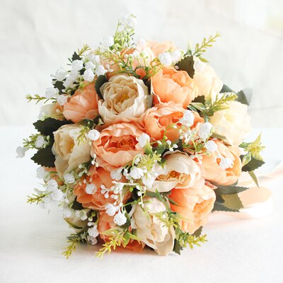 Bouquet da sposa in seta artificiale Champagne con 18 peonie e nastro di raso - Bridetobe.it