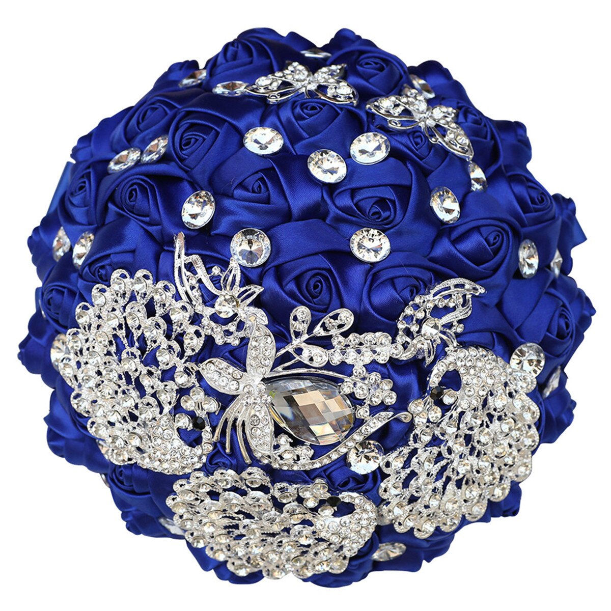 Bouquet sposa damigella fatto a mano con strass splendidi, pietre preziose, perle di diamante e rose di raso blu reale - Bridetobe.it