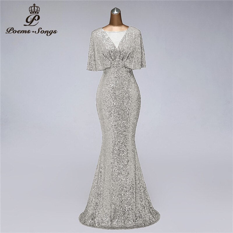 Abito lungo elegante con paillettes sexy, scollo a V e maniche corte - Bridetobe.it