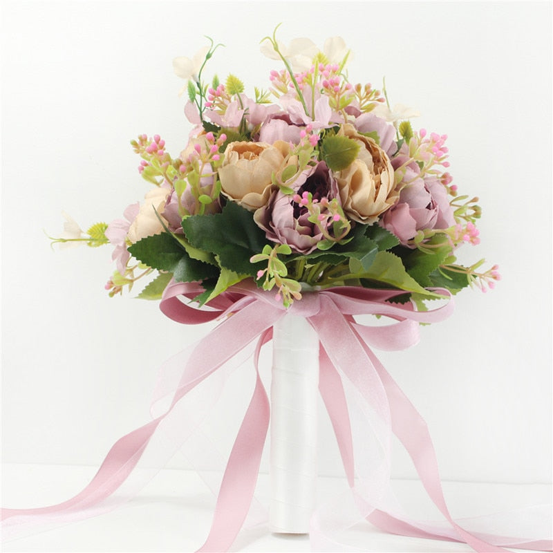 Bouquet da sposa in seta artificiale Champagne con 18 peonie e nastro di raso - Bridetobe.it