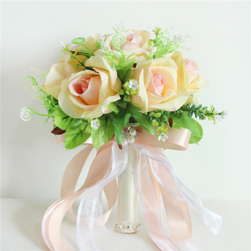 Bouquet da sposa in seta artificiale Champagne con 18 peonie e nastro di raso - Bridetobe.it