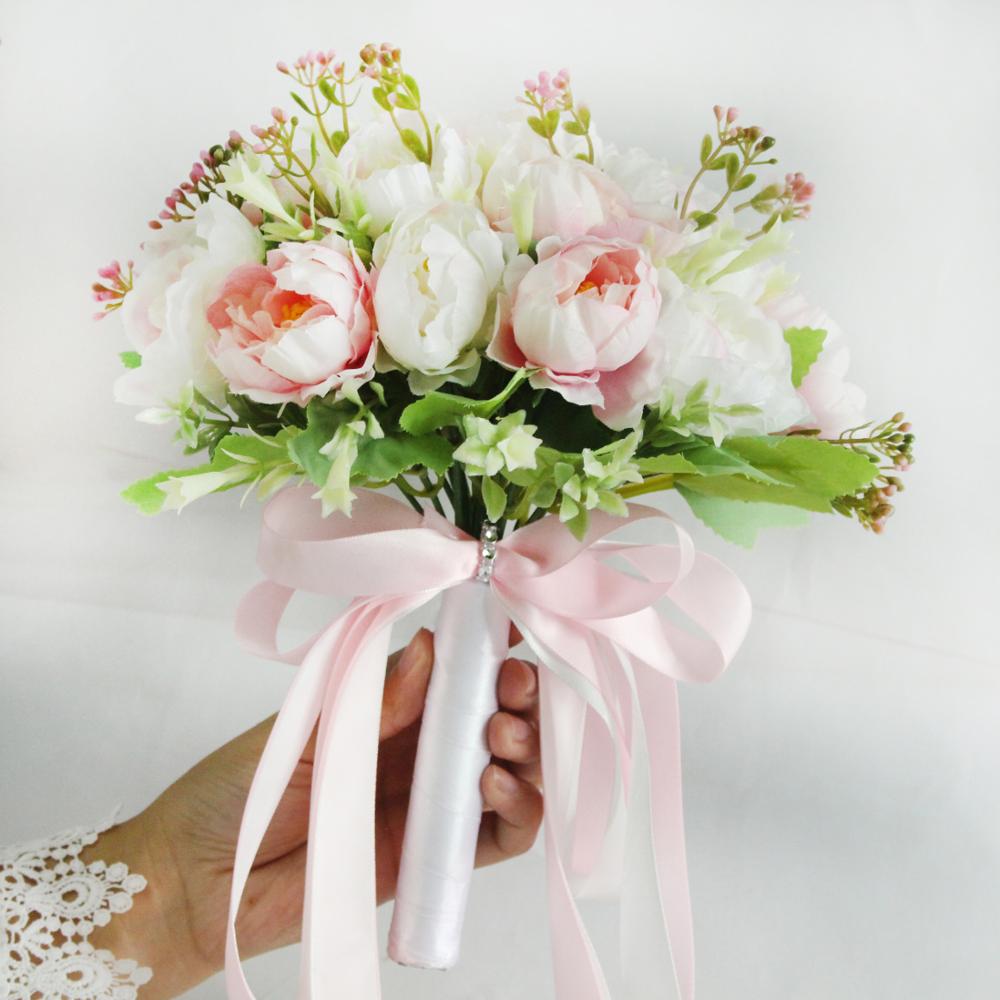 Bouquet da sposa in seta artificiale Champagne con 18 peonie e nastro di raso - Bridetobe.it