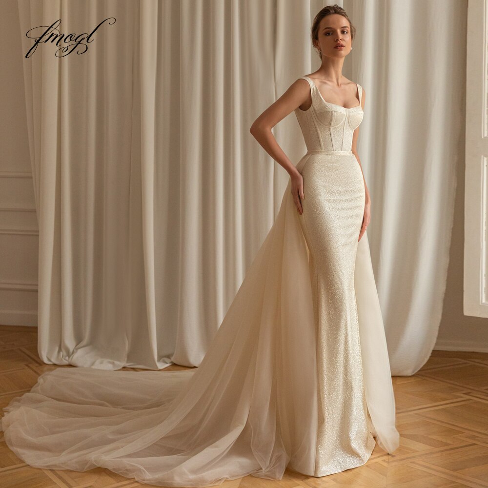 Abito da Sposa Sirena Vintage di Lusso 2022 con Gonna a Tromba e Spalline Sottili, Colletto Quadrato e Strascico Rimovibile