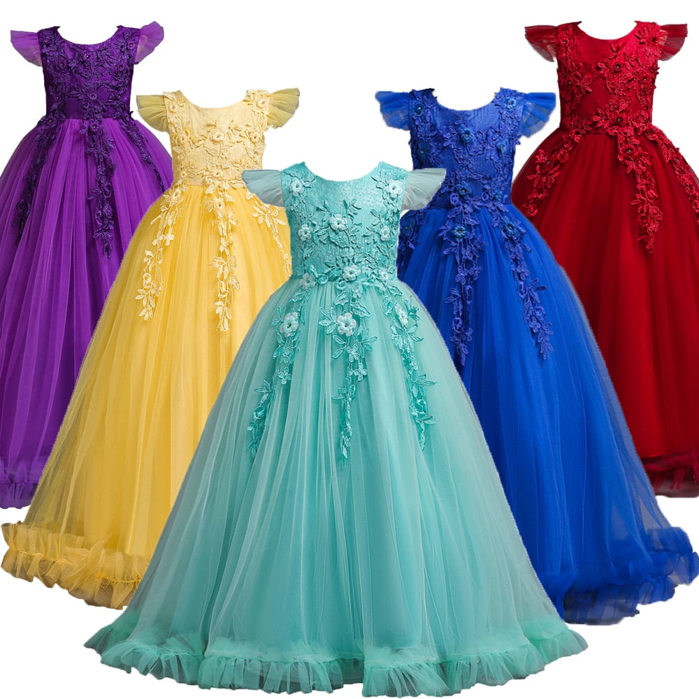 Vestito da Principessa Per Bambini Lungo in Tulle e Pizzo per Matrimoni, Feste e Cerimonie - Età 4-15 Anni - Bridetobe.it