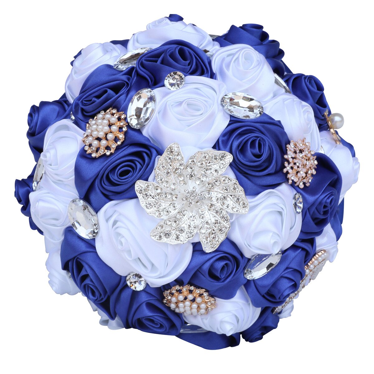 Bouquet sposa damigella fatto a mano con strass splendidi, pietre preziose, perle di diamante e rose di raso blu reale - Bridetobe.it