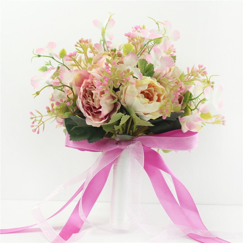 Bouquet da sposa in seta artificiale Champagne con 18 peonie e nastro di raso - Bridetobe.it