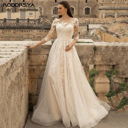 Vintage Illusion Neckline 3/4 Sleeve Lace Wedding Dress - Vestidos De Noiva Boho Tulle Appliques Train Enchanting Style