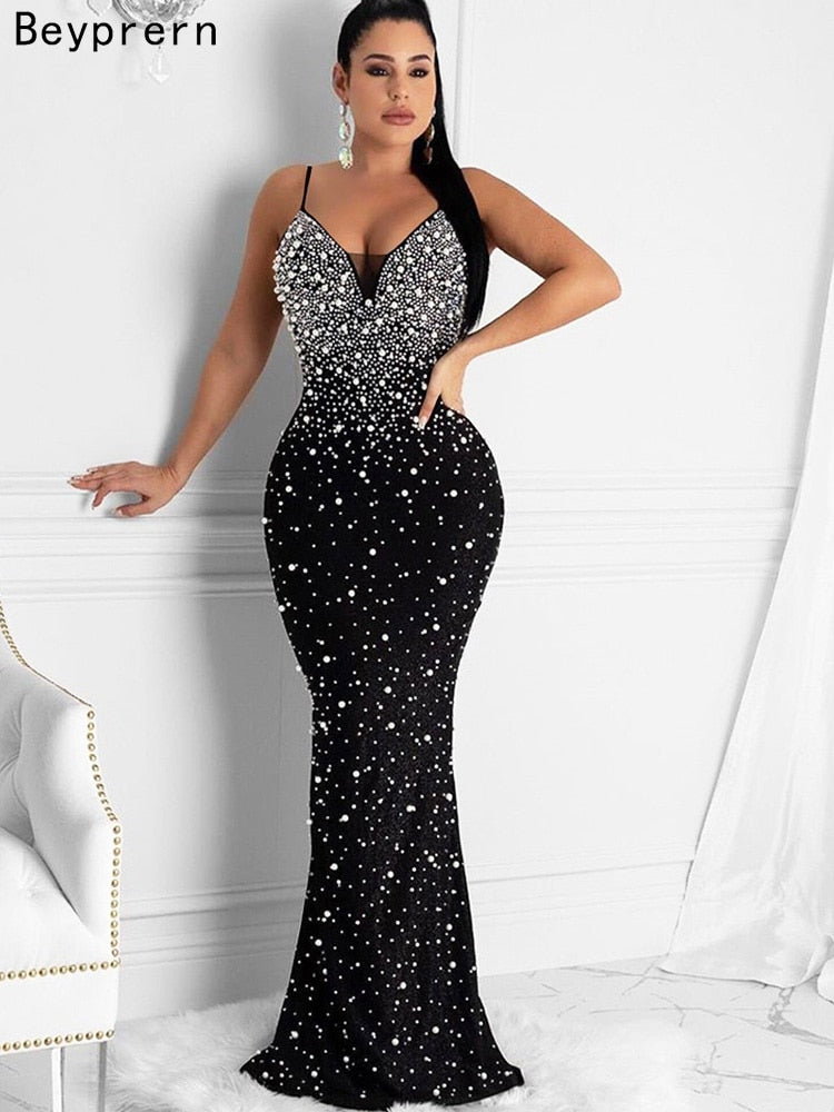 Bellissimo abito lungo con strass con perle aperte sul retro, abiti da festa in cristallo eleganti da donna estivi, abiti da compleanno - Bridetobe.it