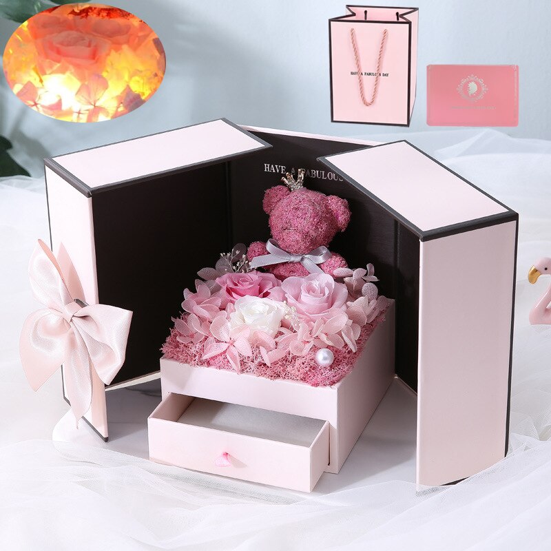 Porta Gioiello con Rosa Eterna, Porta Anello e Orsacchiotto Sorpresa Romantica per San Valentino, Compleanno, Fidanzamento o Matrimoni - Bridetobe.it