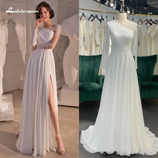 Simple Sexy Split O Neck Full Cap Sleeve Lace Appliques Chiffon A Line Wedding Dress For Women Back Zipper Bride Gown Sweep Robe - Bridetobe.it