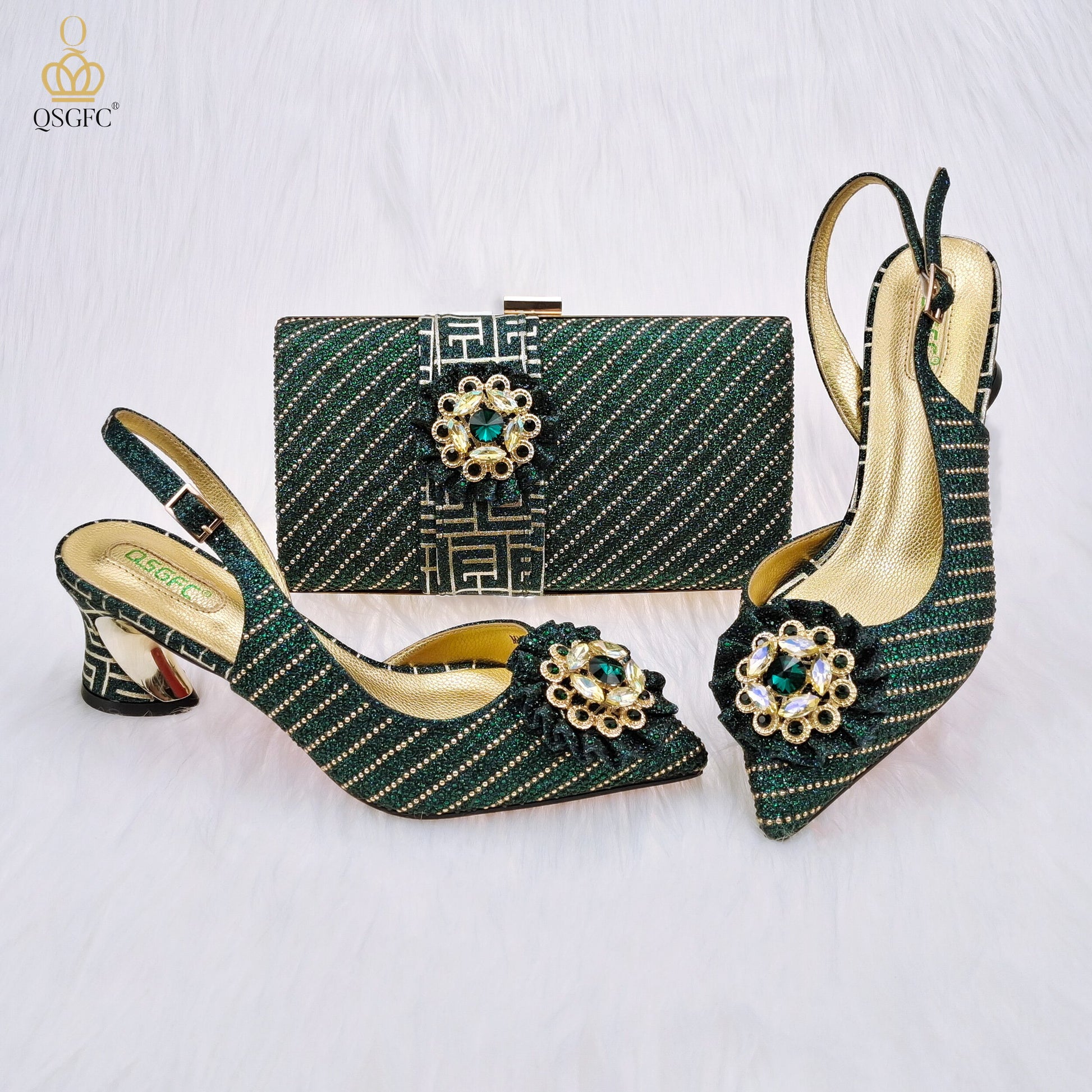 Scarpe eleganti artigianali con tacco medio a punta e design a fiore di diamanti con clutch abbinata per signore/ set di scarpe e borsa per feste e matrimoni. - Bridetobe.it