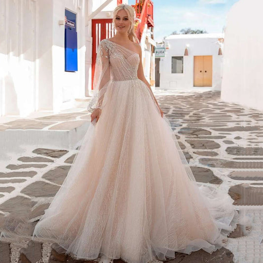 Abito da Sposa Vintage Principessa con Glitter, Perle, Pizzo e Spalla Scoperta - Bridetobe.it