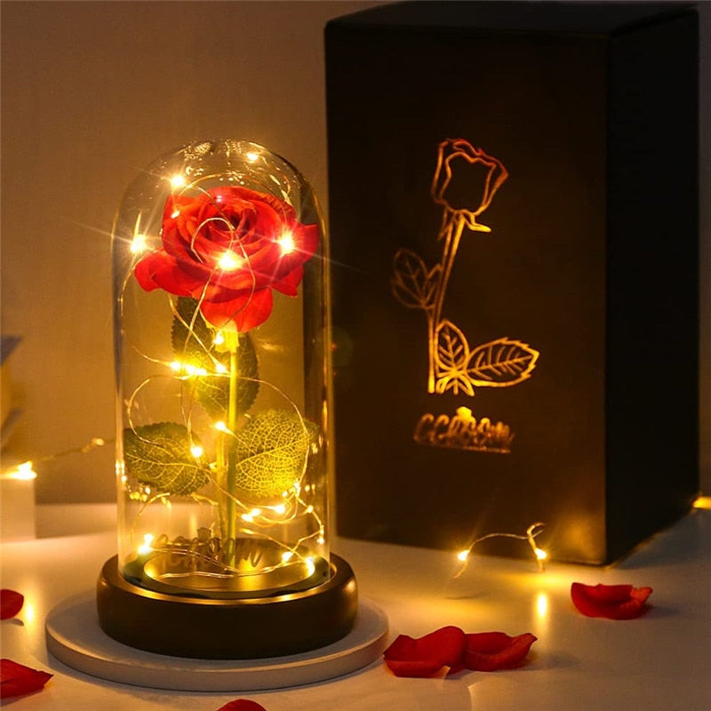 Regalo di San Valentino per la tua ragazza: Rosa eterna con luce LED, copertura in vetro con foglia d'oro. Ideale anche come regalo per la festa della mamma, matrimoni e damigelle d'onore. - Bridetobe.it