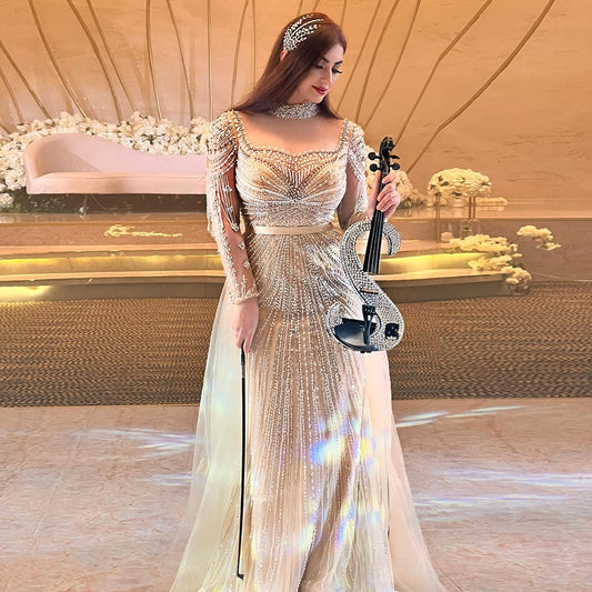 Luxury Champagne Dubai Mermaid Evening Dress with Removable Overlay Skirt - Arabic Women Formal Wedding Party Dress.