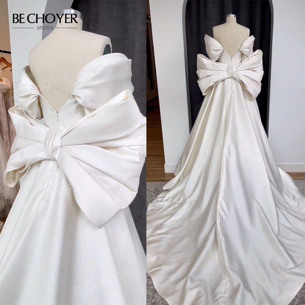 Abito da sposa staccabile Fiocco senza maniche Abito da sposa 2023 raso a cuore Linea A Corte dei treni Principessa BECHOYER EL201 Vestido de Noiva - Bridetobe.it