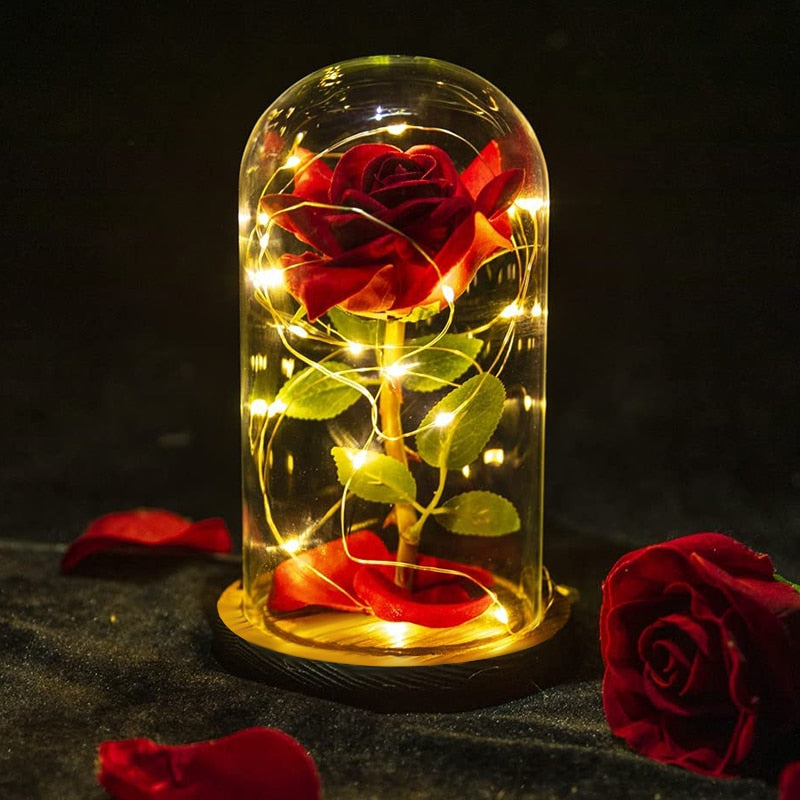 Regalo di San Valentino per la tua ragazza: Rosa eterna con luce LED, copertura in vetro con foglia d'oro. Ideale anche come regalo per la festa della mamma, matrimoni e damigelle d'onore. - Bridetobe.it