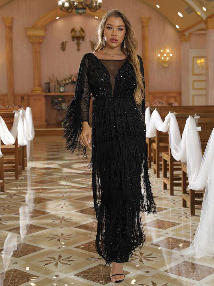 Abito da Cerimonia Nero con Maniche Lunghe, Bellissimi Dettagli con Frange e Paillettes - Bridetobe.it