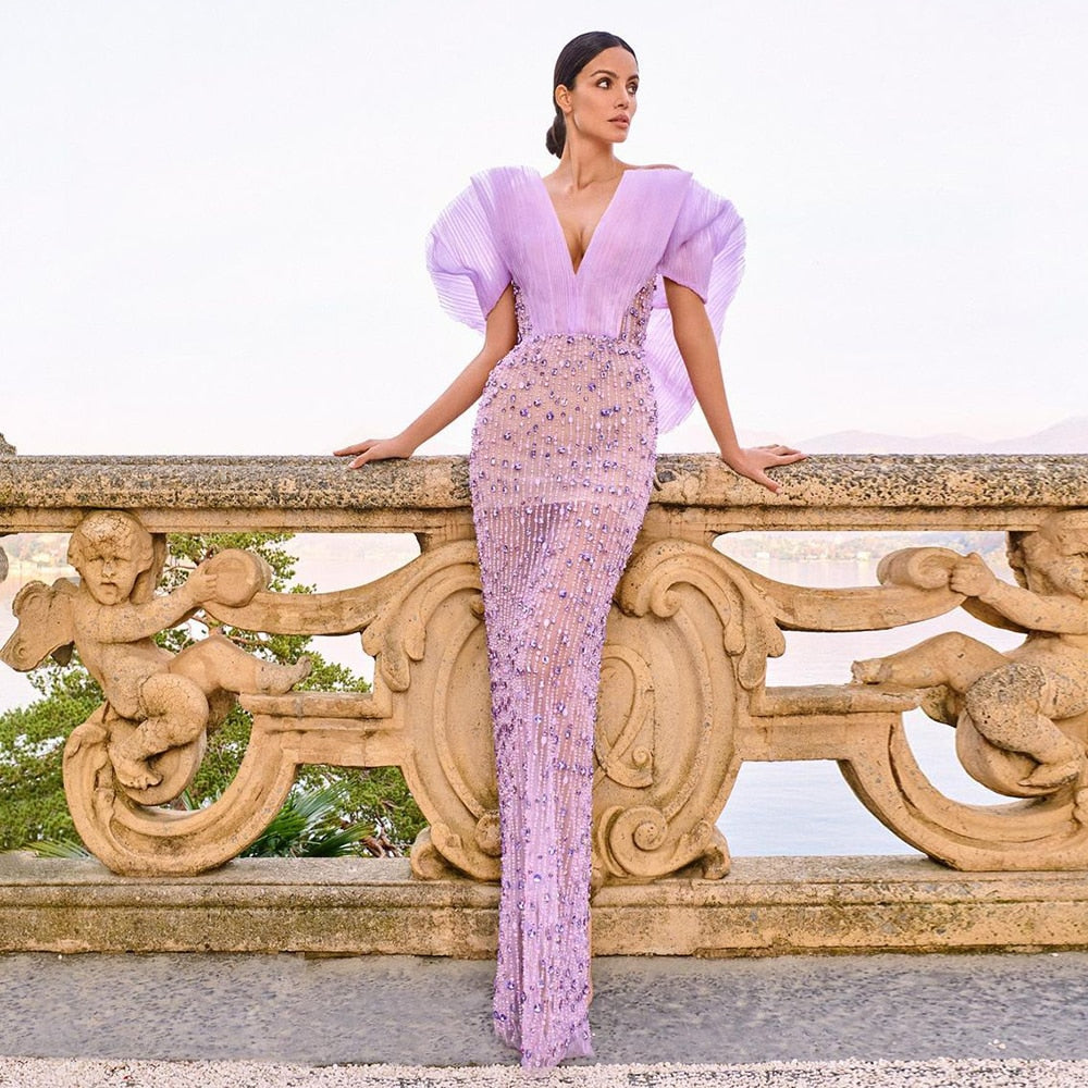 Elegante Abito da Sera Lilac di Lusso a Dubai per Donne - Abito da Sposa e Festa 2023, Gonna Lunga Araba con Spalle Scoperte, Perfetto per Serate Formali e Eventi di Gala