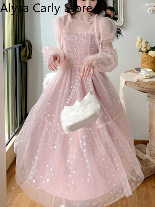 Abito da damigella d'onore in pizzo elegante con paillettes rosa patchwork abiti da festa vintage midi donna casual dolce fata principessa abito kawaii 2023 - Bridetobe.it