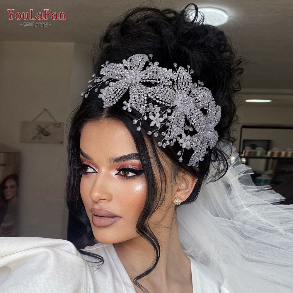 Fascia capelli sposa in strass fatti a mano a forma di grande fiore, copricapo di cristallo vuoto con zirconi per donne - Bridetobe.it