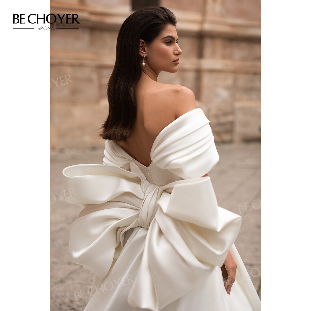 Abito da sposa staccabile Fiocco senza maniche Abito da sposa 2023 raso a cuore Linea A Corte dei treni Principessa BECHOYER EL201 Vestido de Noiva - Bridetobe.it