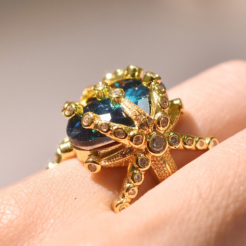 Anello in argento sterling 925 con diamante zirconia, sapphire peacock blue topaz e 14k oro per la mamma - Regalo di compleanno - Bridetobe.it