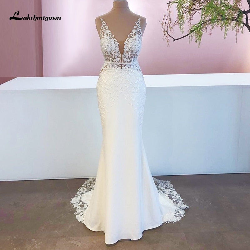 Abito da sposa in pizzo mermaid in stile boho chic del 2023, lussuoso ed elegante con applicazioni in pizzo e satin - Bridetobe.it