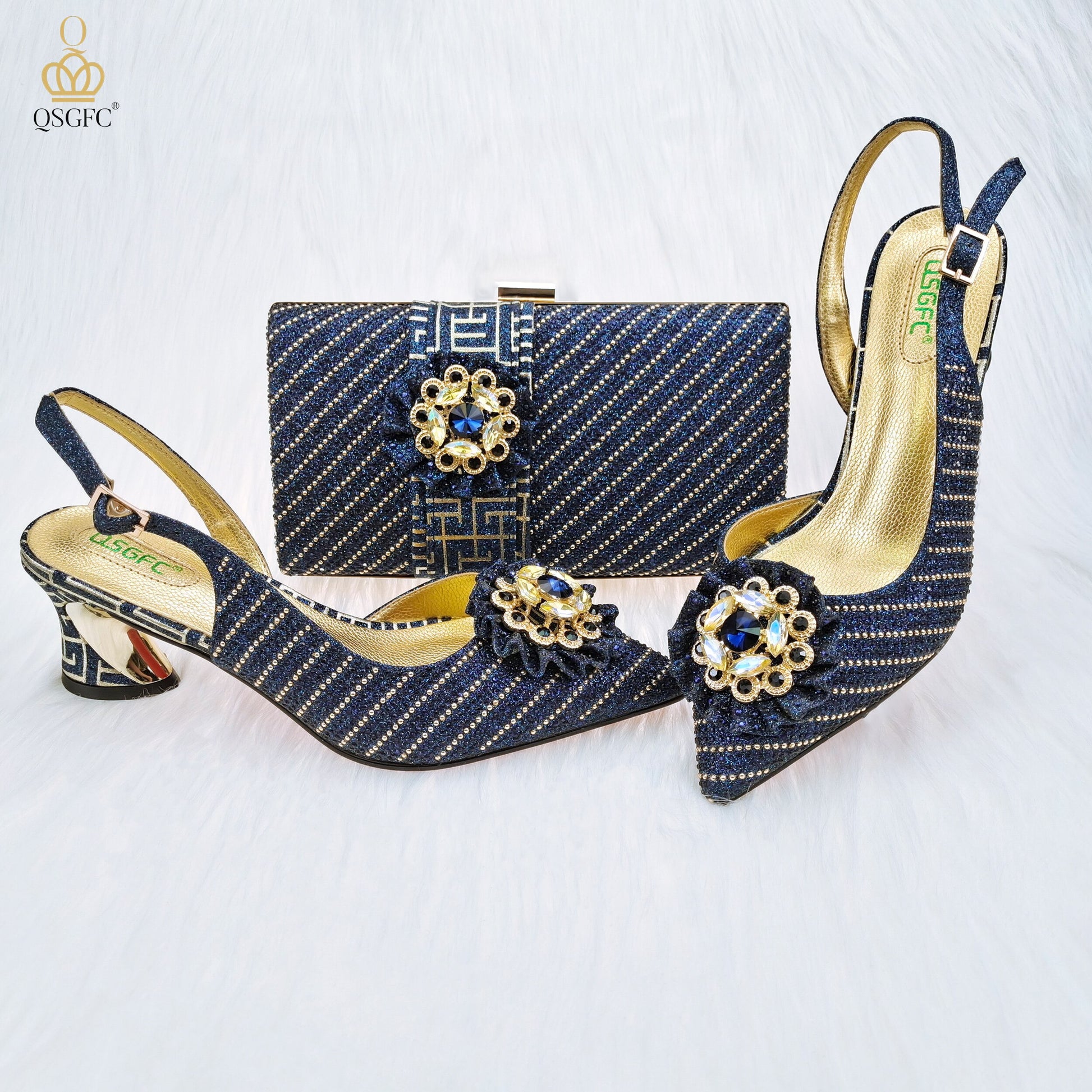 Scarpe eleganti artigianali con tacco medio a punta e design a fiore di diamanti con clutch abbinata per signore/ set di scarpe e borsa per feste e matrimoni. - Bridetobe.it