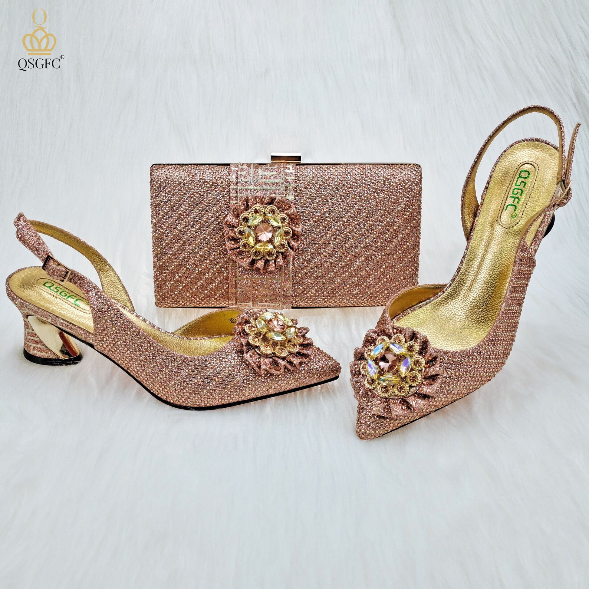 Scarpe eleganti artigianali con tacco medio a punta e design a fiore di diamanti con clutch abbinata per signore/ set di scarpe e borsa per feste e matrimoni. - Bridetobe.it