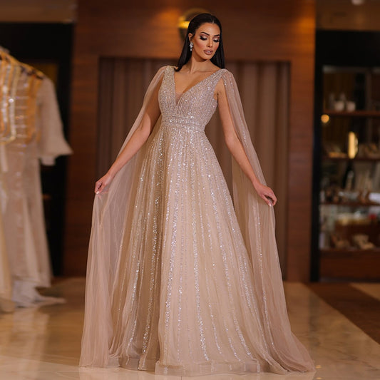 Dubai Luxury Nude Evening Dress With Cape Sleeves In Blush Pink - Arabic Formal Dresses For Women For Wedding