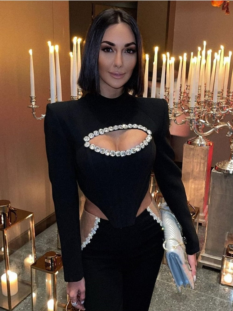 Women Summer Sexy Long Sleeve Key Hole Mesh Beading Crystal Diamonds Black Bandage Dress 2022 Elegant Evening Club Party Dress - Bridetobe.it