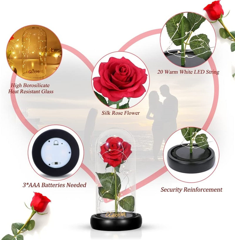 Regalo di San Valentino per la tua ragazza: Rosa eterna con luce LED, copertura in vetro con foglia d'oro. Ideale anche come regalo per la festa della mamma, matrimoni e damigelle d'onore. - Bridetobe.it