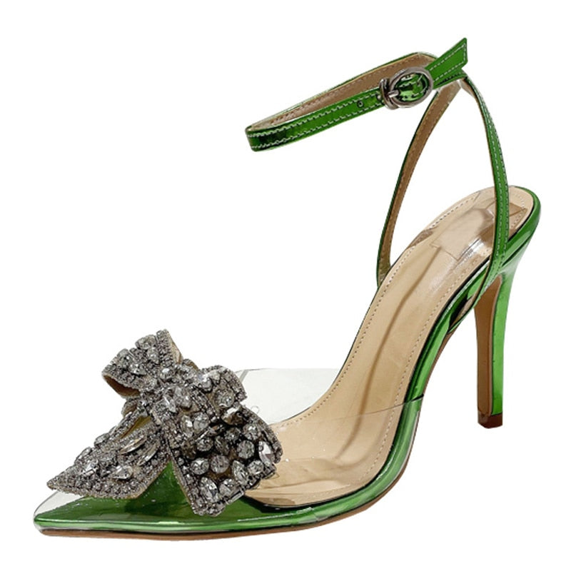Summer Wedding High Heels Women Green Pointed Toe Crystal Bow Sexy
