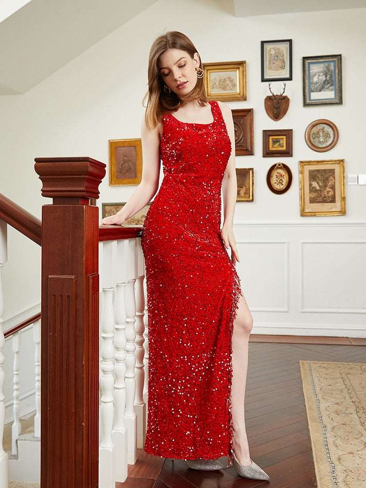 Elegant High Slit Spaghetti Straps Red White Glitter Formal Dress for Bridesmaids Prom Party