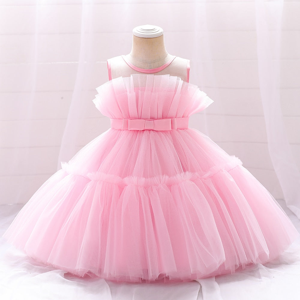 FYMNSI Vestito da bambina per festa di compleanno, per battesimo e bambina, in pizzo, principessa, matrimonio, damigella d'onore, set per 0-7 anni Rosa 1-2 Anni