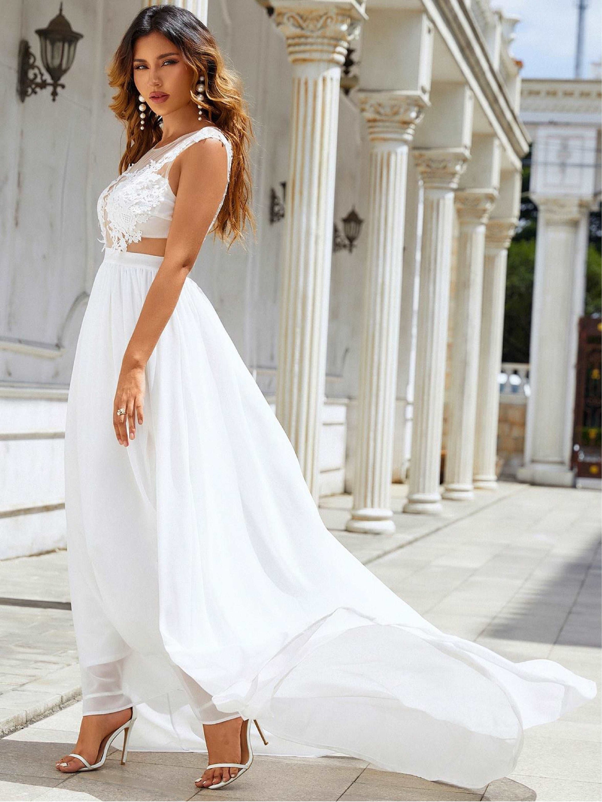 Abito da Cerimonia Bianco in Tulle con Pizzo Hollow Out, Scollatura a Cuore Sexy e Spacco Laterale, Perfetto per Matrimonio, Festa o Damigella d'Onore - Bridetobe.it