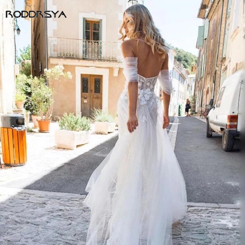 Abito Lungo da Spiaggia in Tulle Boho con Spacco, A-Linea e Pizzo Applicato - Bridetobe.it