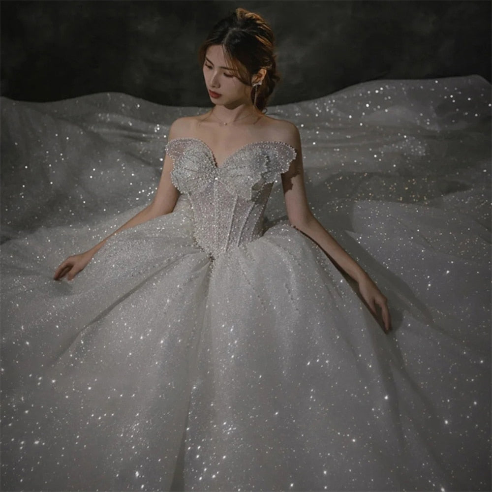 Abito da sposa Vestidos De Novia con perle a farfalla, scollo a cuore, schiena con lacci, super luminoso, con gonna svasata a cappella di 150 cm