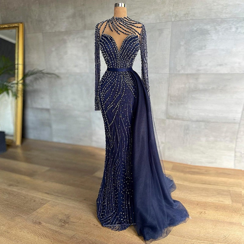 Abito da Sera di Lusso Blu Navy a Sirena con Gonna Staccabile: Eleganza Araba a Maniche Lunghe per Matrimoni e Eventi Speciali