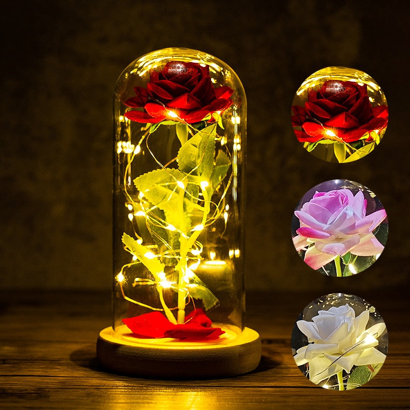 Regalo di San Valentino per la tua ragazza: Rosa eterna con luce LED, copertura in vetro con foglia d'oro. Ideale anche come regalo per la festa della mamma, matrimoni e damigelle d'onore. - Bridetobe.it