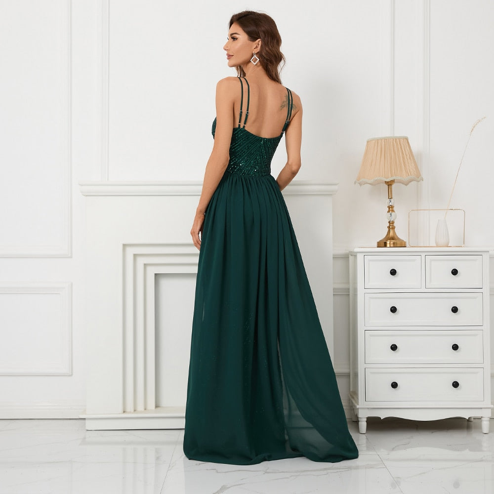 Abito da sera sexy con paillettes verde Abito lungo da festa con strascico in chiffon staccabile Abito lungo da ballo con perline da donna - Bridetobe.it